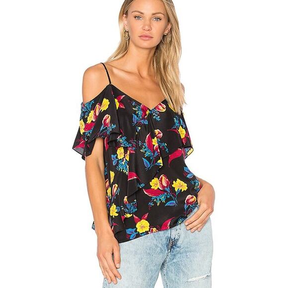 DIANE VON FURSTENBERG 100% Silk Floral Ruffle Front Top in Silese Black, Size S - Picture 2 of 6